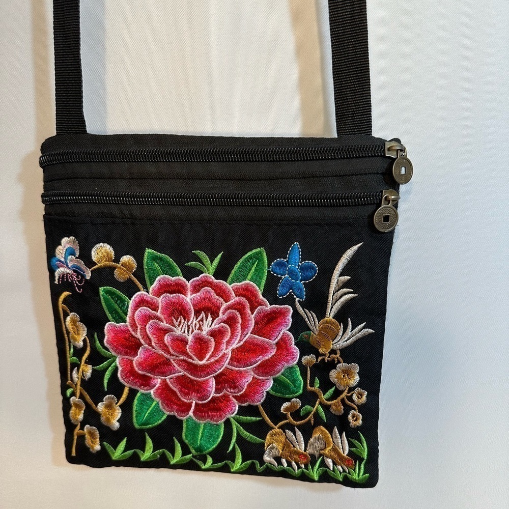 Vintage National Ethnic Boho Embroidery Flower Floral Black Canvas Crossbody Bag - Picture 2 of 8